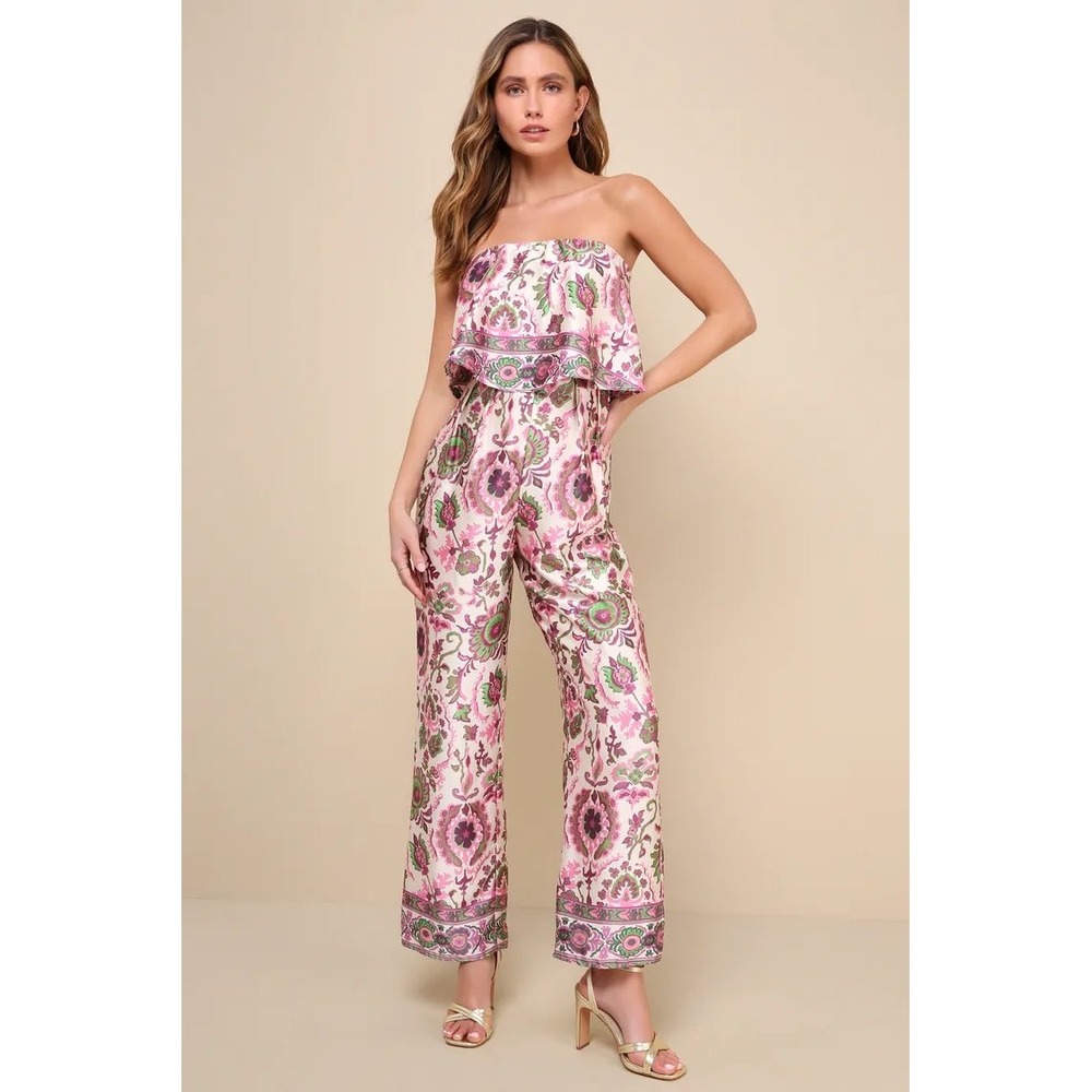 Lulus Pink Green Paisley Strapless Wide Leg Ruffle Jumpsuit XS Floral Boho Chic